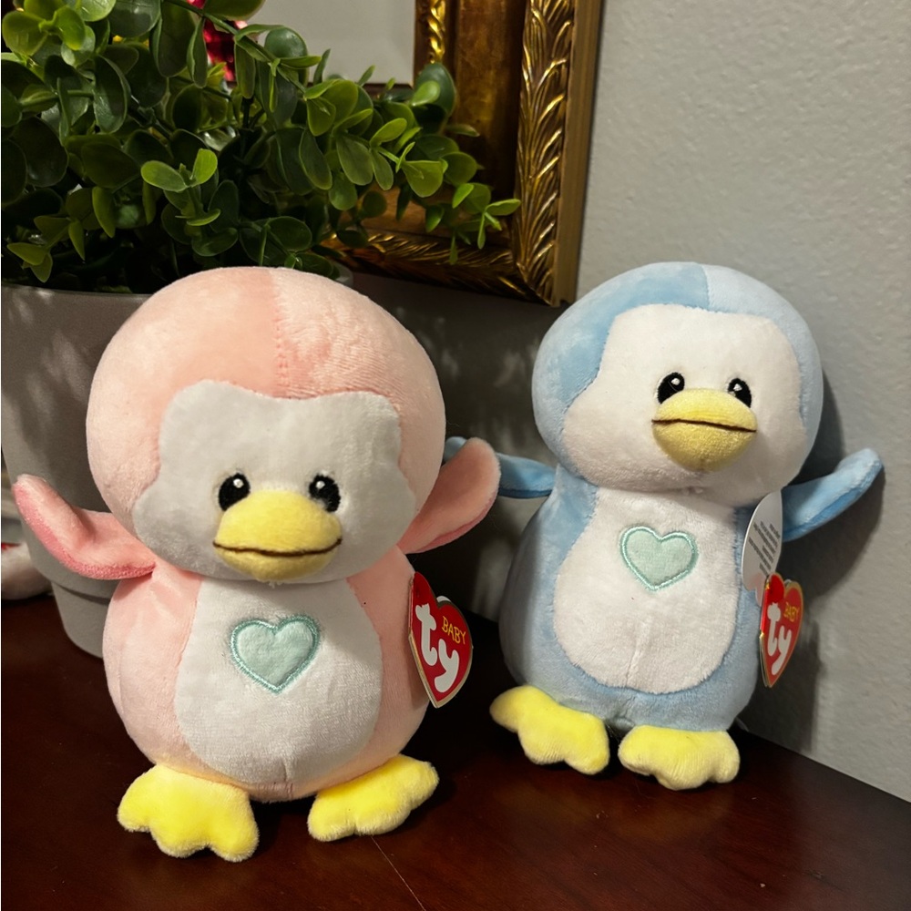 Set of two Ty Baby Beanies. One Pink and one Blue Penguin. Baby Shower decor.